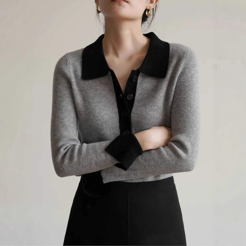 Korean-style Polo Lapel Sweater Base Shirt Women's Early Spring High-end Slim-fit Slim-fit Sweater Contrast Color Inner Top Korean-style Polo Lapel Sweater Base Shirt Women's Early Spring High-end Slim-fit Slim-fit Sweater Contrast Color Inner Top