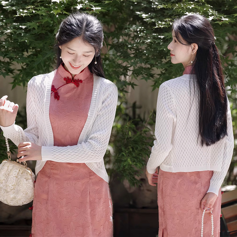 Retro fresco 2024 flor de cadena de verano fino hueco literario estilo perezoso cárdigan con chal exterior cheongsam