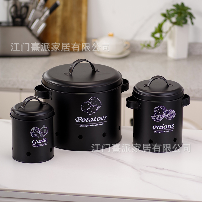 Barril de patata transfronteriza cebolla ajo contenedor de almacenamiento conjunto de cocina caja de almacenamiento de frutas y verduras patata metal permeable a la atmósfera