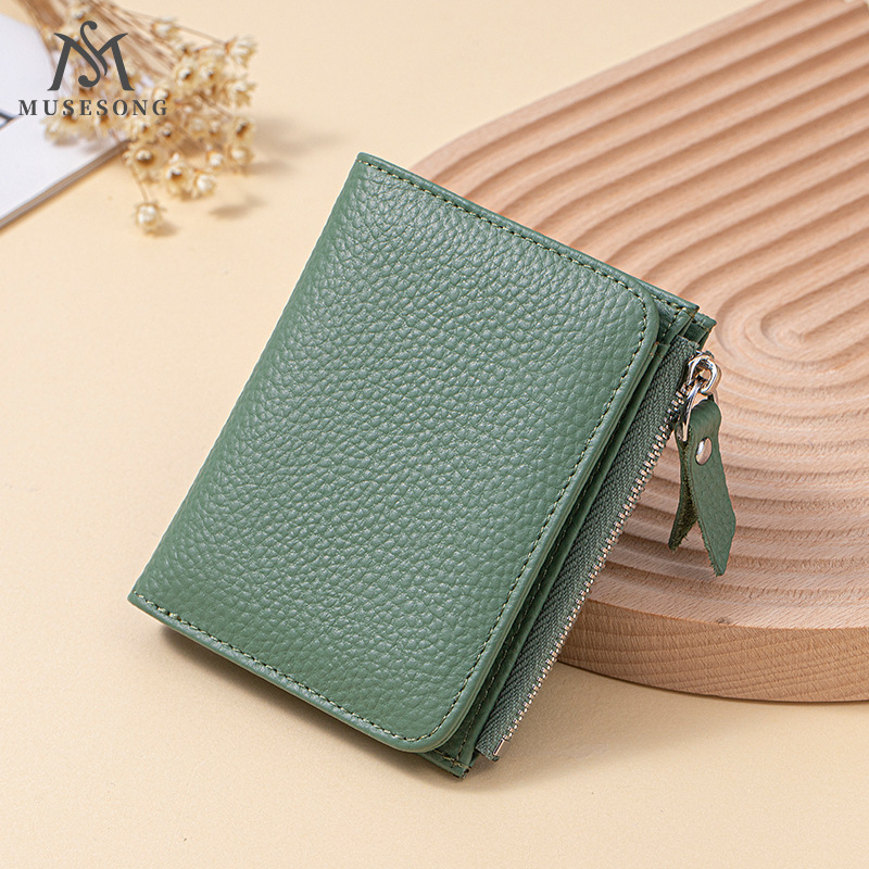 First-Layer Cowhide Short Wallet for Women, 100% Genuine Leather, Ultra-Thin Wallet, Card Holder, High-End Wallet, Japanese Style, Cross-Border