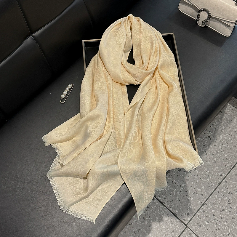 2025 new model emulated silk fashion elegant high-end long silk scarf short beard shawl long scarf Tiansi cotton gold silk scarf