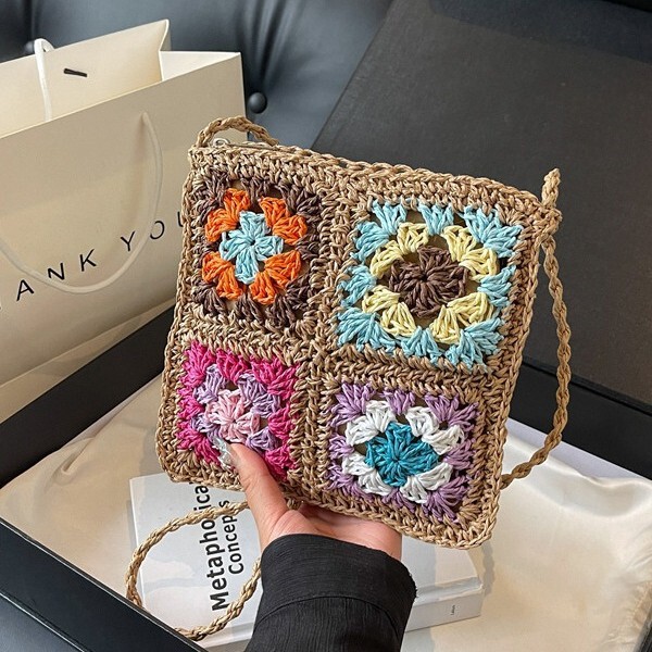 Handmade Crochet Straw Bag Bohemian Ethnic Style Paper Straw Woven All-match Tassel Bucket Crossbody Shoulder Bag