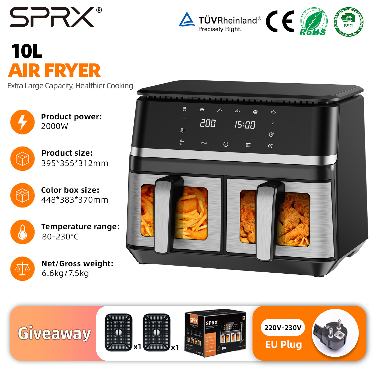 「EU」10L Stainless Steel Double Basket Air Fryer