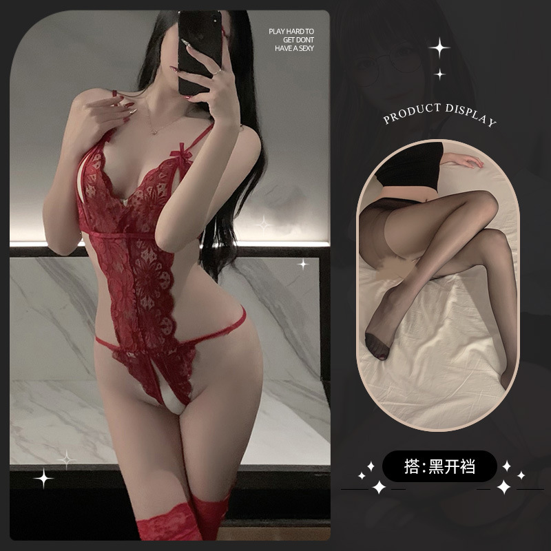 레드 [레이스 점프 수트] + 블랙 오픈 가랑이 양말