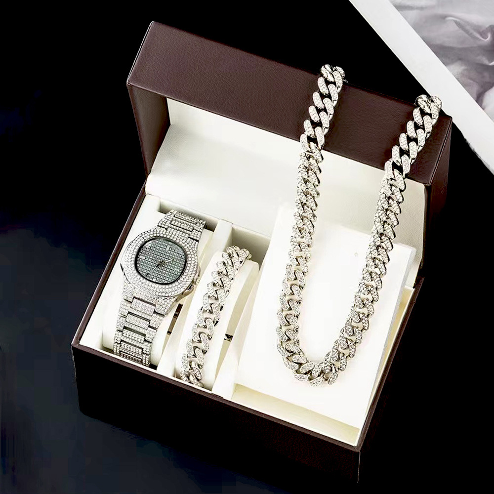 Cuban Chain Watch Bracelet Three piece Jewelry Personalized Fashion Set Hip Hop Full Diamond Necklace_voghion.com