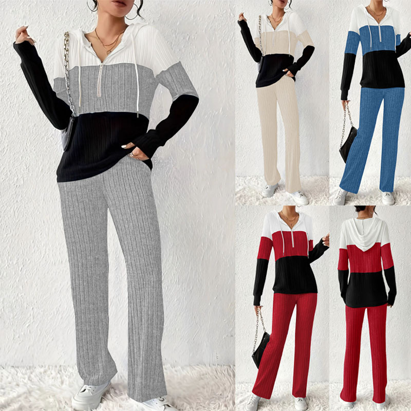 Aliexpress European and American Export Large Size Autumn and Winter Color Matching Hooded Top Two-Piece Set Simple Fashion Sweatshirt and Sweatpants Suit Aliexpress European and American Export Large Size Autumn and Winter Color Matching Hooded Top Two-Piece Set Simple Fashion Sweatshirt and Sweatpants Suit