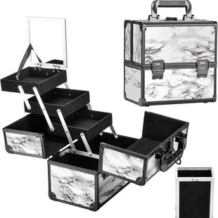Chinese Style Black and White Marble Aluminum Cosmetic Case, Manicure Tool Storage Box, 3-Layer Tray with Mirror
