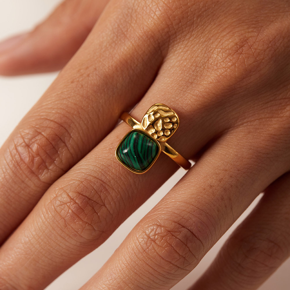 Retro Square Stainless Steel Inlay Turquoise Open Ring 1 Piece