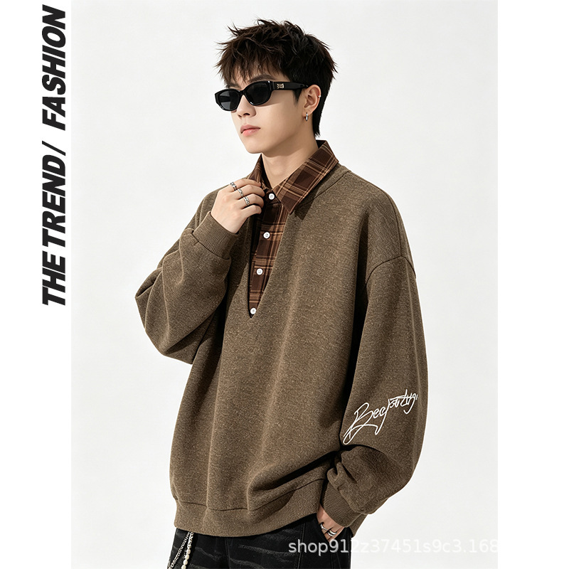 2026 New Autumn Two-in-One Sweatshirt with Plaid Patchwork Jacket for Men, Vintage College Style Knitwear Coat