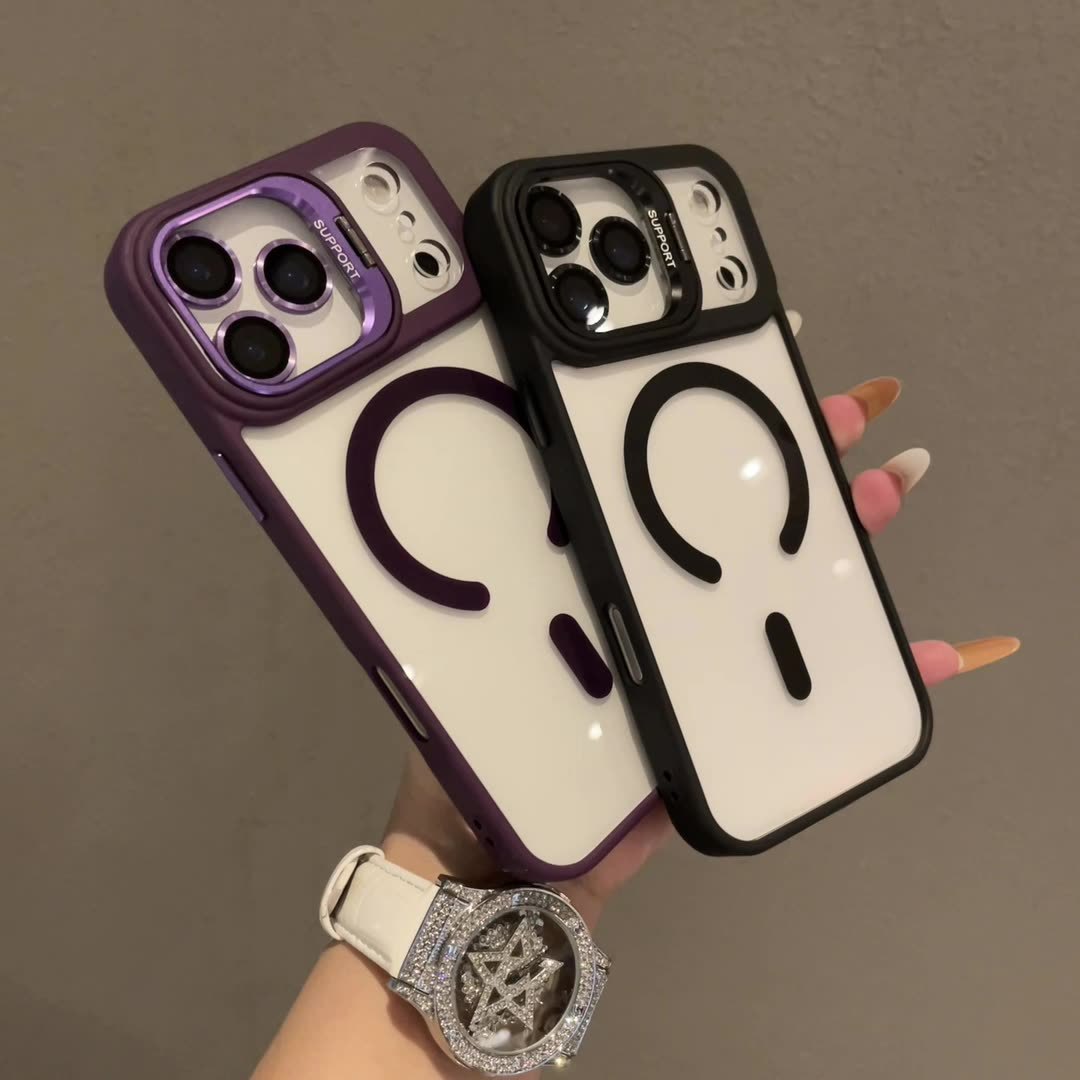 Apple 17Promax Lens Stand Magnetic Phone Case para iPhone 16 con película de lente 15 Case a prueba de caídas