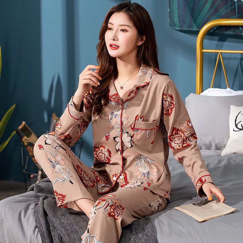 Pijamas de mujer de mediana edad 100% algodón de manga larga mamá primavera y otoño ancianos más tamaño suelto ropa para el hogar Otoño e Invierno