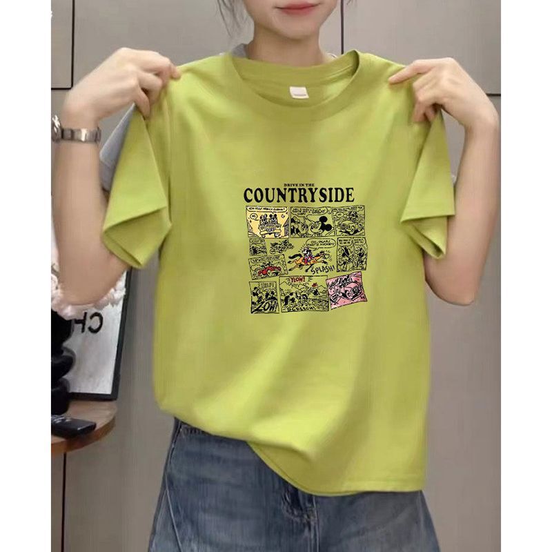Daily Commute Regular Wear, Regular Shoulder Round Neck Short-Sleeved T-Shirt for Women, Basic Style Cartoon Print Casual Age-Reducing Top