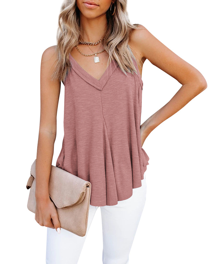 Canotta da donna con scollo a V nuova estate 2024 e top in cotone senza maniche con orlo multiplo irregolare_voghion.com
