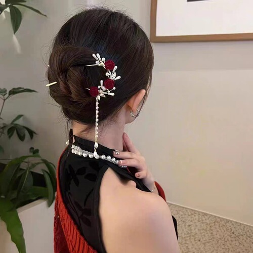 Antique rose fringe pearl side U-shaped hairpin retro bridal toast dress headdress alloy hairpin hairpin