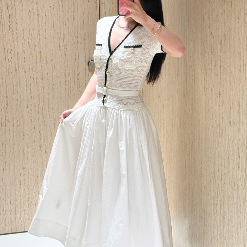 Sp's 2026 Spring and Summer New Women's Clothing French Fashion Elegant V-Neck Short-Sleeved Long Pure White Knitted Dress