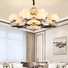 新中式全铜玉石灯具大气别墅复式楼大厅客厅餐厅纯铜天然云石吊灯
