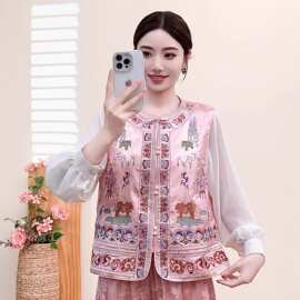 时尚提花缎面女式马夹2026夏季民族风服饰圆领刺绣马甲女宽松背心
