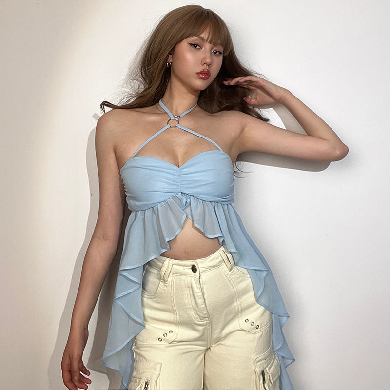 2025夏歐美風掛脖式抹胸吊帶女網紗拼接設計感短款上衣性感辣妹潮