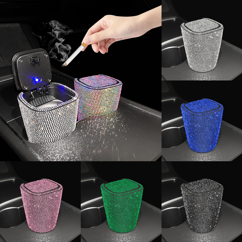 Diamante-incrustado coche Cenicero creativo cubierto salida de aire colgante coche con tapa LED luz coche Cenicero