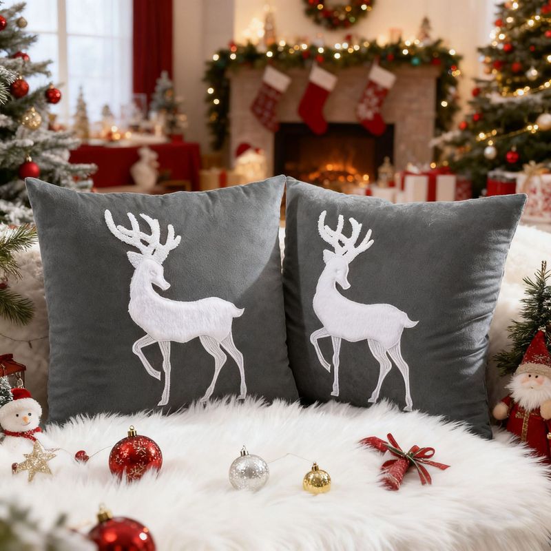 ホワイトエルク刺繍クリスマス枕カバー、クリスマスのリビングルームや部屋の装飾用クッションカバーに最適|undefined