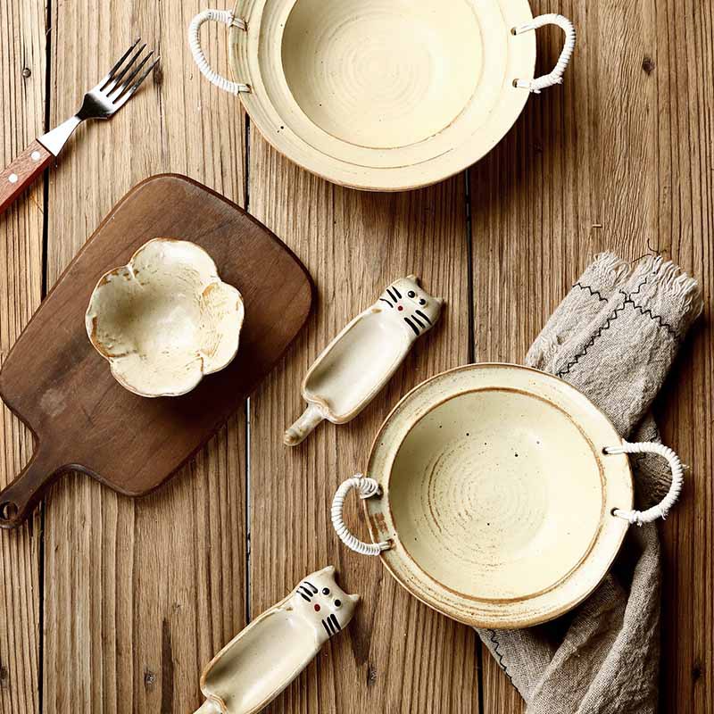 Cuerda de cáñamo cuenco de gres de doble oreja vintage apenado sombrero de paja cuenco de pasta hogar tazón de fideos tazón de sopa