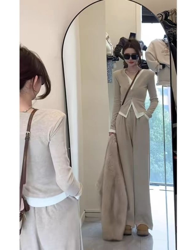 时尚运动休闲套装女秋季新款慵懒风假两件长袖上衣阔腿长裤两件套|undefined