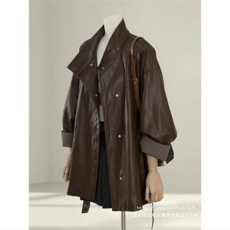 Women's brown leather jacket, autumn 2026 new collection, featuring an American retro design with casual plaid cuffs Women's brown leather jacket, autumn 2026 new collection, featuring an American retro design with casual plaid cuffs
