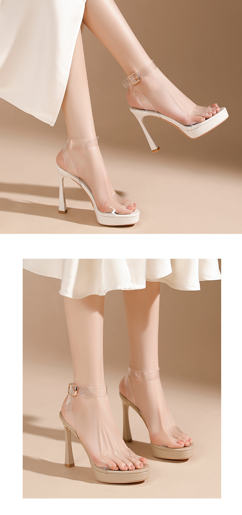 Sandal cao gót nữ quai ngang trong suốt, đế platform, mũi hở, gót nhọn 9 cm — trắng ngà chi tiết 6