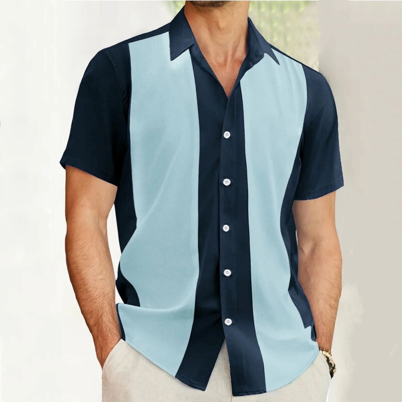 Summer New Fashion Business Striped Patchwork Men's Shirt Retro Casual Versatile Button-Down Bowling Short-Sleeve Shirt Summer New Fashion Business Striped Patchwork Men's Shirt Retro Casual Versatile Button-Down Bowling Short-Sleeve Shirt