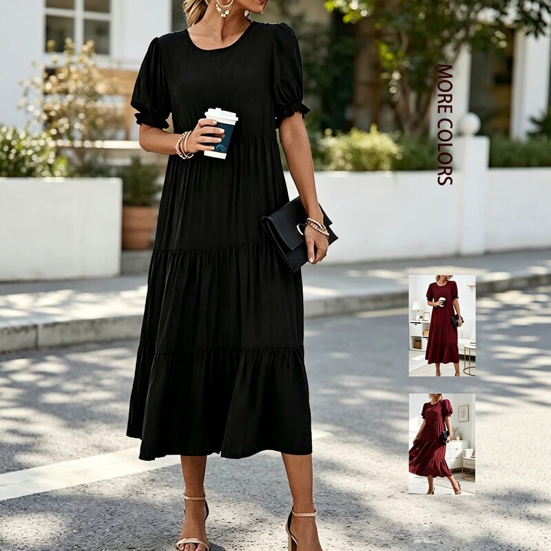 2026 New Summer Cross-Border European and American Amazon Round-Neck Puff Sleeve Layered Patchwork Mid-Length Dress