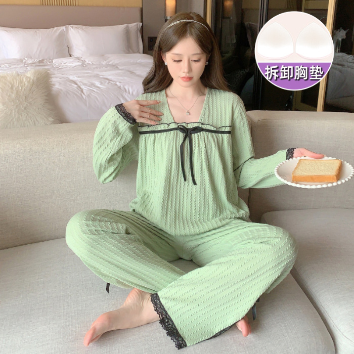 Chanel estilo francés pijamas para las mujeres primavera y otoño nuevo Jacquard de manga larga con almohadilla en el pecho más tamaño portátil homewear