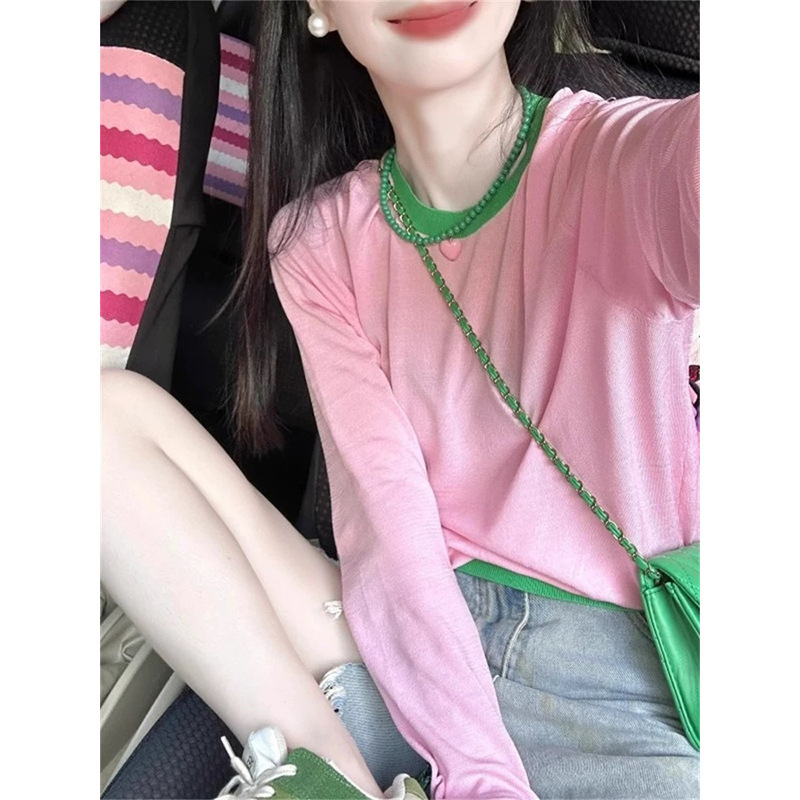 Pink Dopamine Crewneck Shoulder Long-sleeved T-shirt Women's Spring and Autumn New Loose Slimming Inner Sweet Outer Wear Top