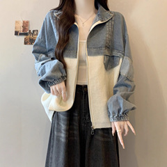 2025秋季新款女装韩系胖MM小众拼接牛仔外套显瘦针织开衫女A7545