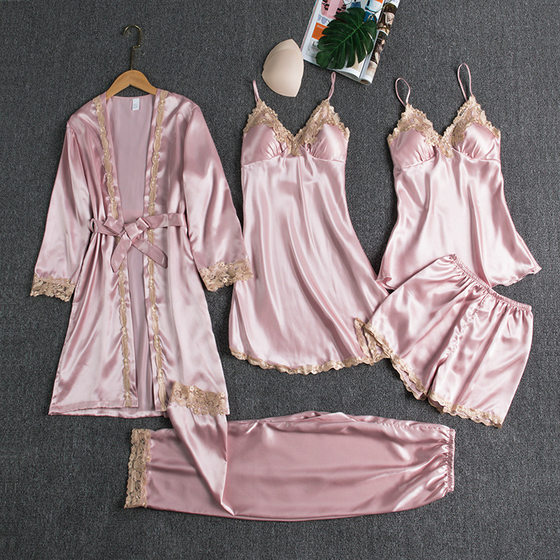 Foreign trade cross-border manufacturers new pajamas with chest pad Europe and the United States large size gold ladies flower five-piece set of thin home clothes