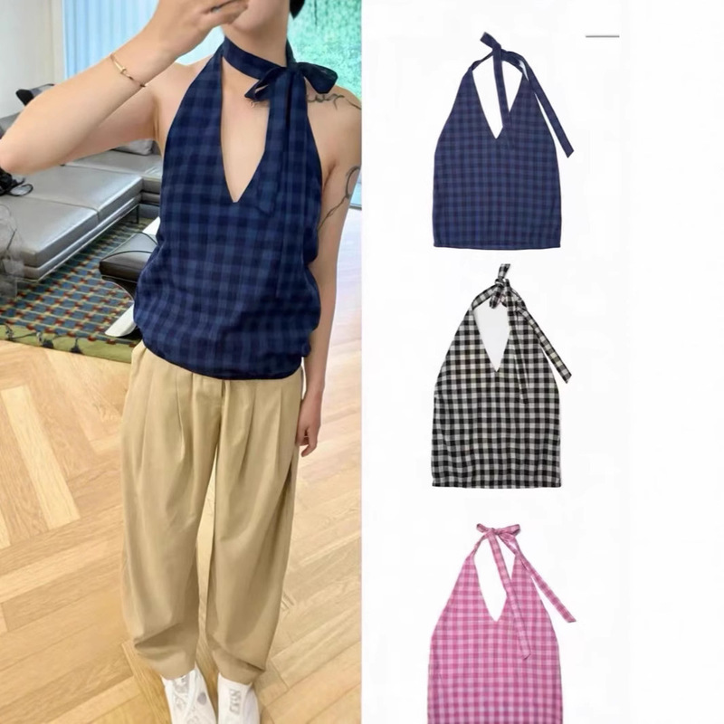 In-Stock North Designer Brand Plaid Lace-Up Halter Deep V-Neck Backless Sexy Top Vest 25 Summer Style