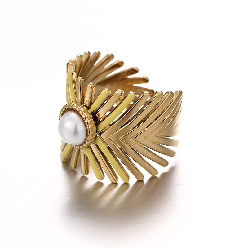 Anillo de acero inoxidable de rayas geométricas de rayas no se desvanece con joyas de 18K