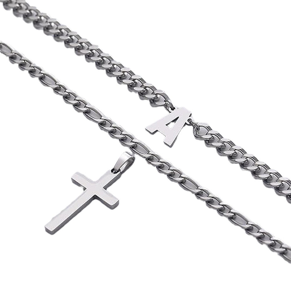 Men's Figaro Chain Initial Letter Necklace With Cross Pendant_voghion.com
