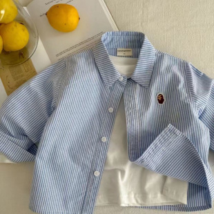 [11,000 People] Children's Long-Sleeved Shirts 2025 Autumn Style Boys and Girls Trendy Brand Shirts Baby Blue Stripes