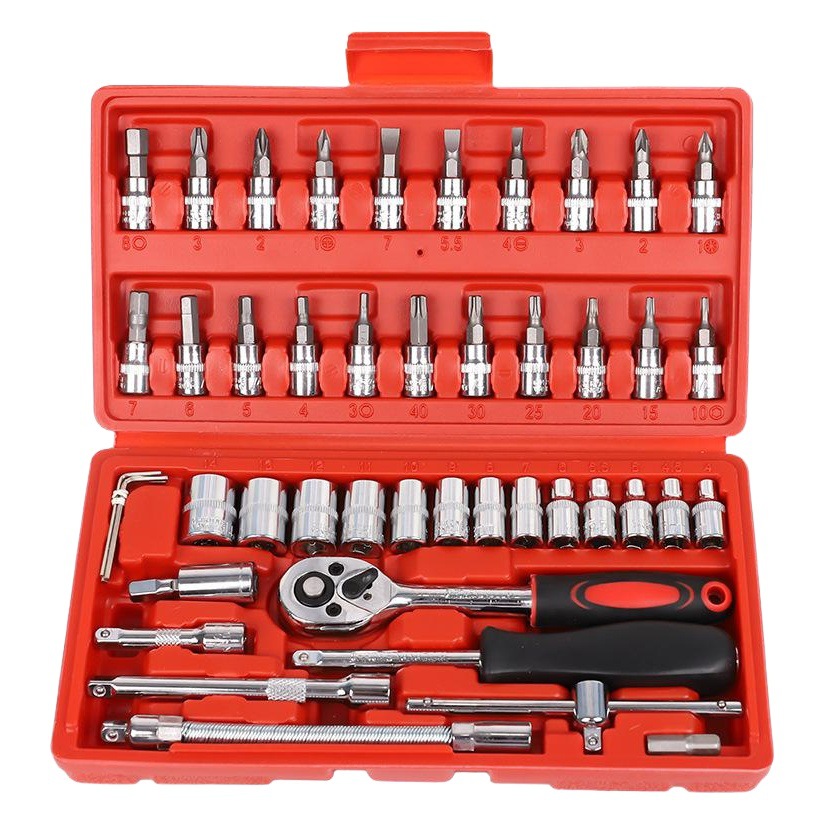 Juego de herramientas de llave de trinquete combinada para reparación de automóviles, caja de herramientas para mantenimiento automático, juego de reparación de manguitos montados en vehículo, colección de hardware, 46 piezas