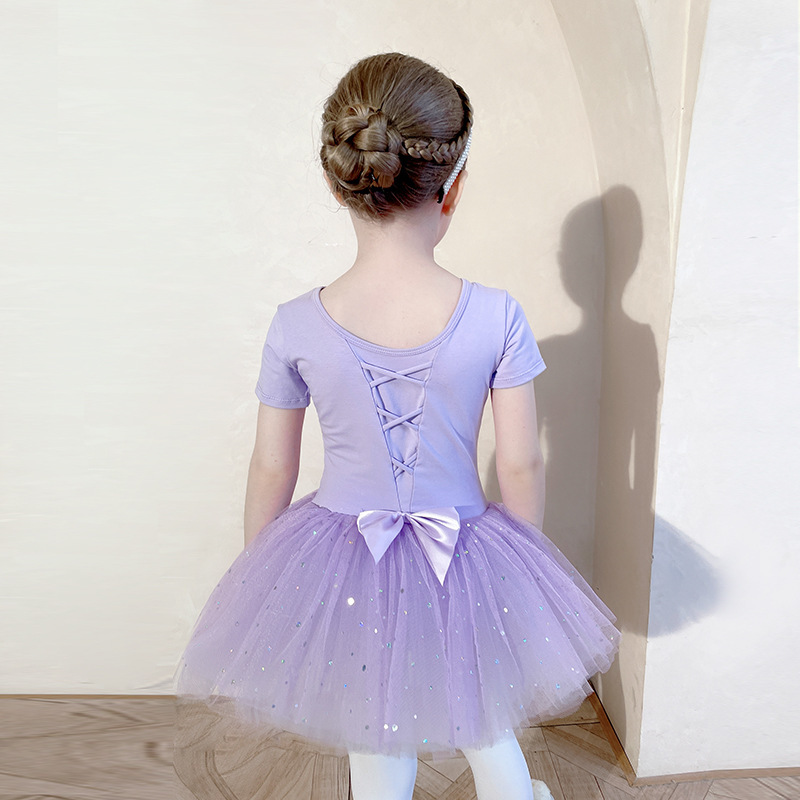 Children's Dance Clothing, Sequined Gauze Skirt, Girls' Practice Clothing, Chinese Dance One-Piece Ballet Skirt, Purple Summer Short-Sleeved Dress