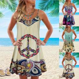 跨境2024欧美女装亚马逊时尚印花休闲宽松沙滩度假无袖吊带连衣裙