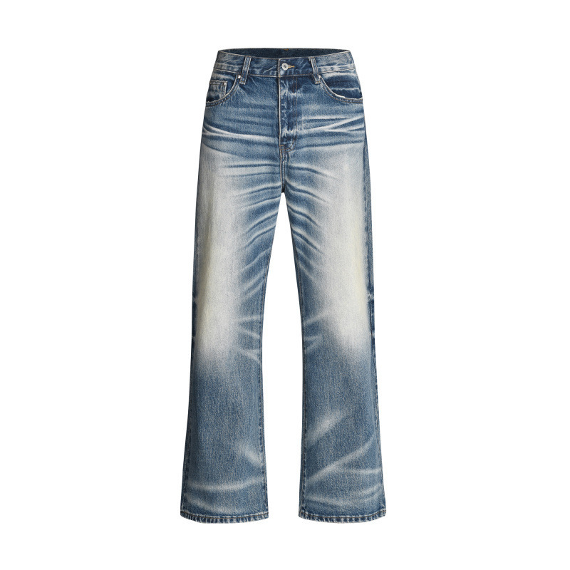 European and American High Street Washed Loose Wide-Leg Whiskered Crepe Distressed Stacked Jeans