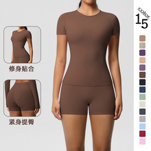 现货跨境双面磨毛纯色紧身高弹短裤运动套装跑步健身瑜伽服套装女