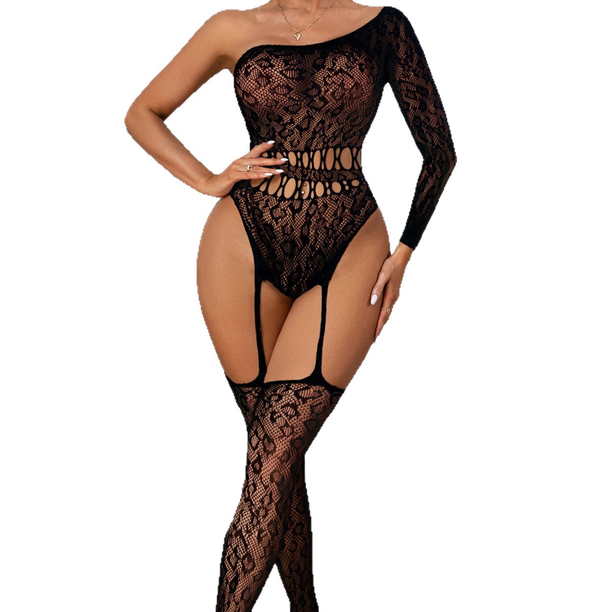 Lingerie sexy attillata, calda vendita transfrontaliera, intimo termico monospalla, bodystocking a rete trasparente_voghion.com