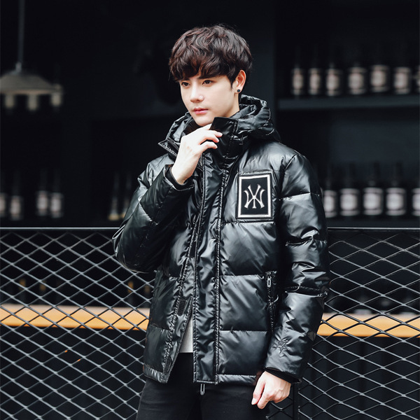 Men's glossy short warm down jacket for leisure with hood