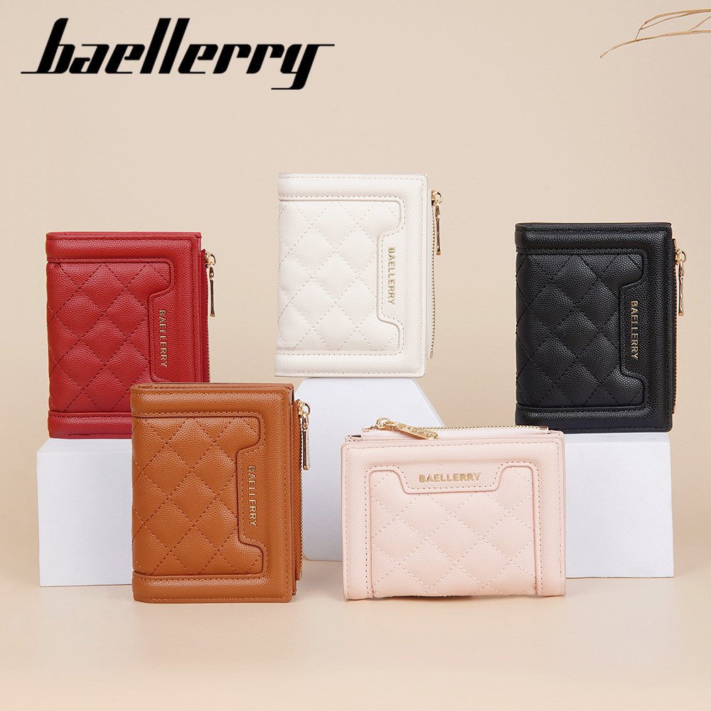 Cartera de mujer Baellerry color cálido monedero corto con cremallera a presión, bolso de tarjeta con patrón de diamante con borde, billetera