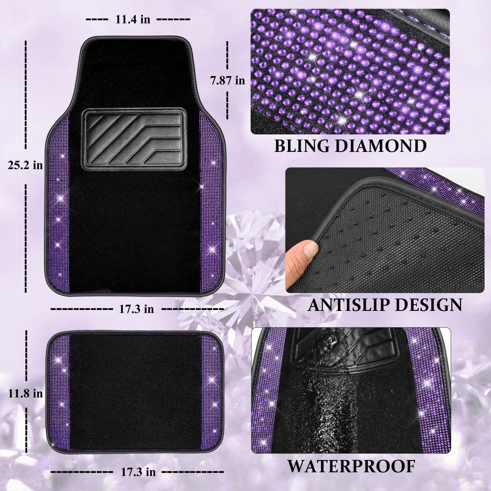 Cross-Border Foreign Trade Crystal-Encrusted Diamond Car Floor Mats, Universal Fashionable Shiny Carpet, Pvc Waterproof and Dirt-Resistant 4-Piece Set