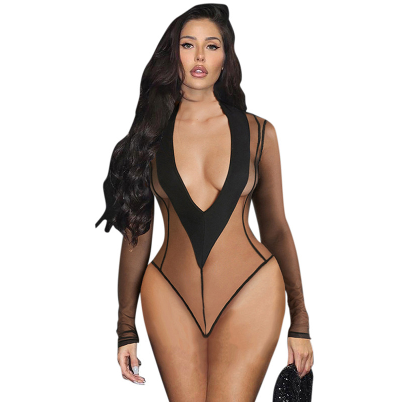 D23BS247 transfronteriza ropa de mujer AliExpress 2023 europeo y americano nuevo cuello en V sexy perspectiva malla manga larga mono image 6