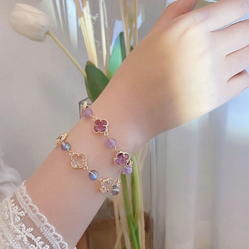 New Style Natural Grey Moonstone Amethyst Four-leaf Clover Bracelet ins Light Luxury Niche Design Best Friend Bracelet Gift
