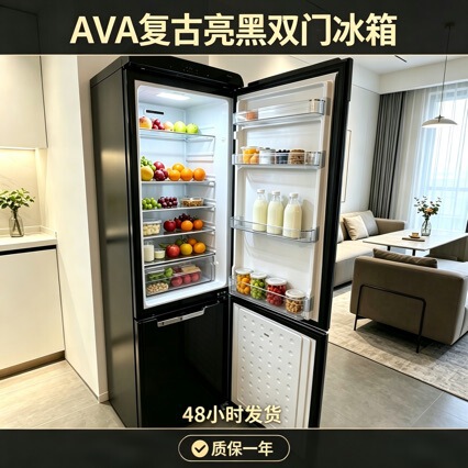 Ava Glossy Black Retro Double-Door Refrigerator, Large Capacity for Home Use, American-Style Light Luxury, Popular on Social Media Ava Glossy Black Retro Double-Door Refrigerator, Large Capacity for Home Use, American-Style Light Luxury, Popular on Social Media
